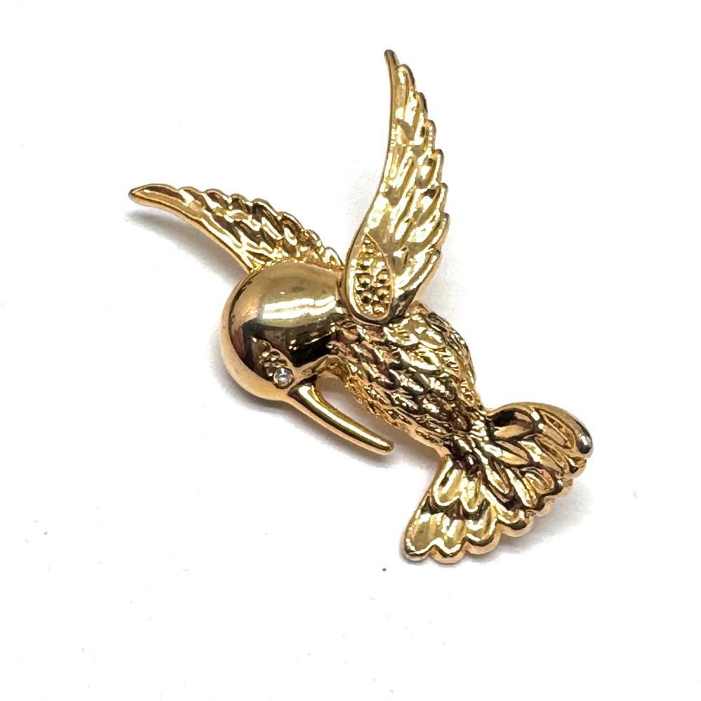 Vintage Goldtone Hummingbird Brooch - Rhinestone Bird Pin